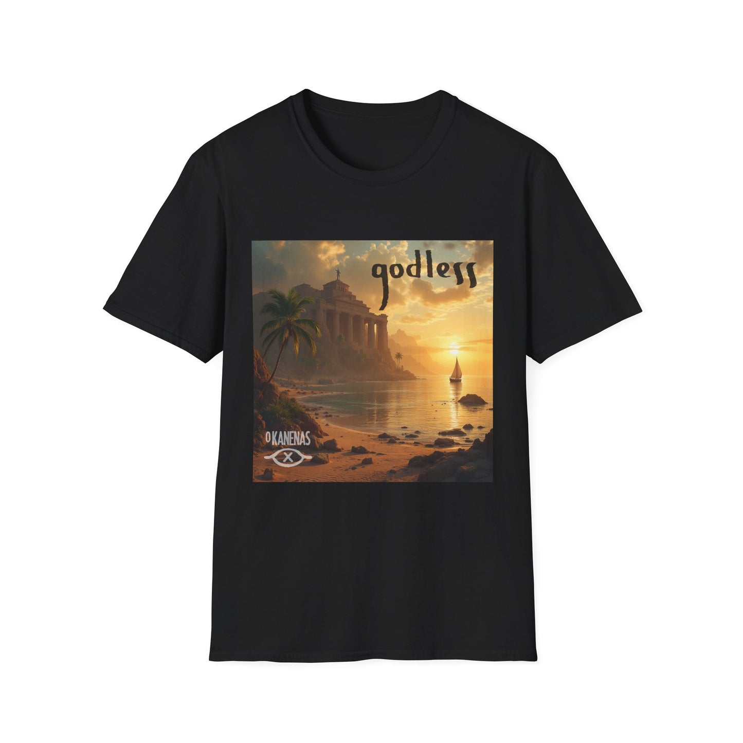 Godless Sunset Graphic T-Shirt — Vintage Beach Temple Design